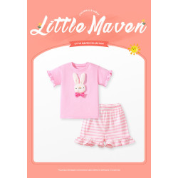 Little Maven_Bộ đồ bé gái cotton mùa hè hoạ tiêt thỏ hồng