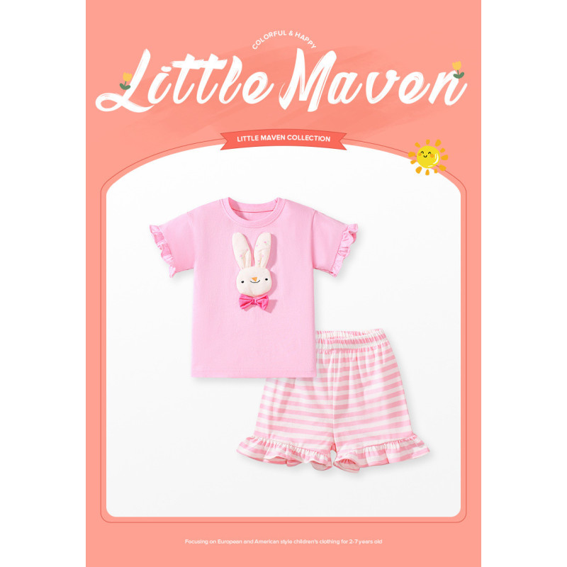 Little Maven_Bộ đồ bé gái cotton mùa hè hoạ tiêt thỏ hồng Little Maven_Bộ đồ bé gái cotton mùa hè hoạ tiêt thỏ hồng